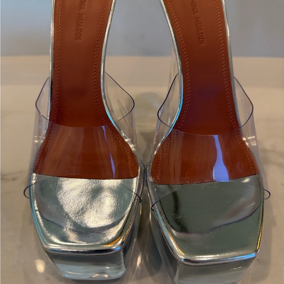 Amina Muaddi Lucite Silver Platform Heels - Picture 2 of 12
